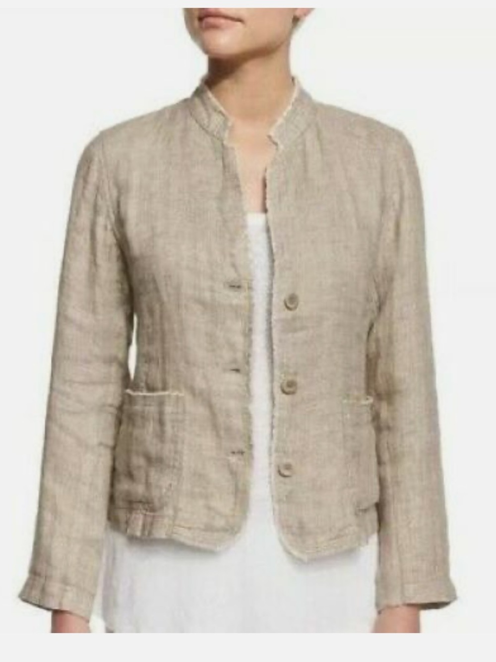 Eileen Fisher Natural Beige Linen Stand Collar Button Jacket XL